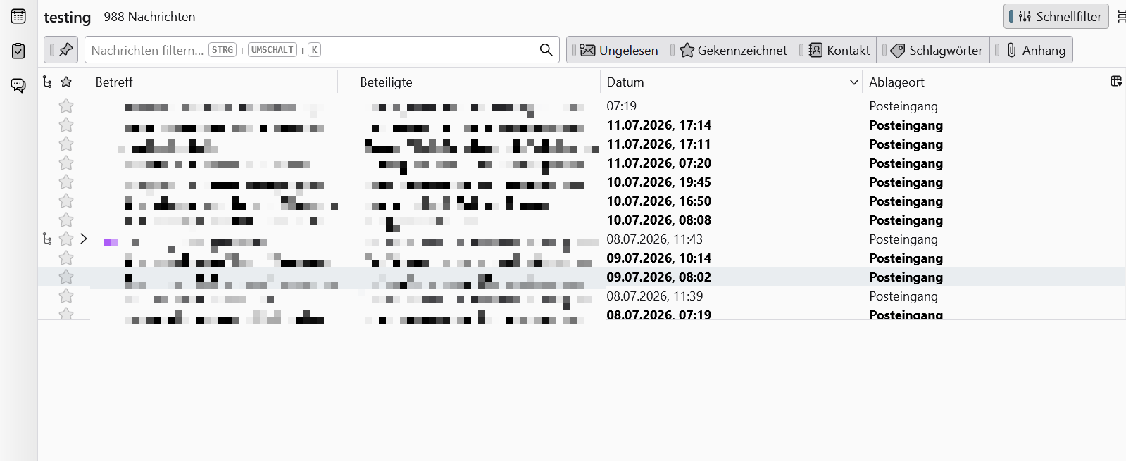 After: clean sortable message list in Thunderbird