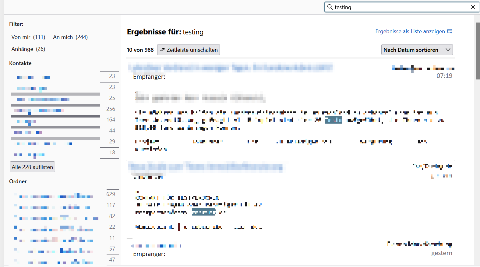 Before: cluttered faceted search view in Thunderbird